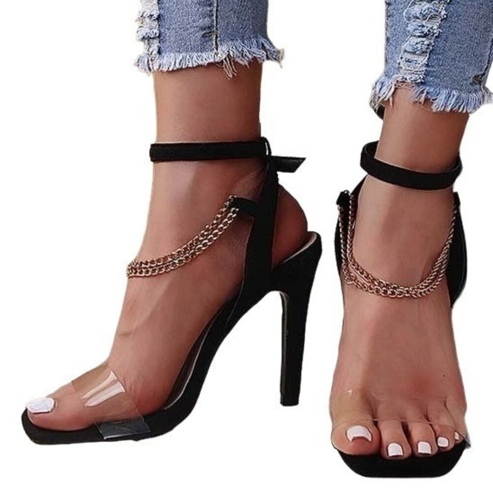 YASIRUN - Black Ankle Strap Sandals/Heels with Chain Detail (9.5/10)